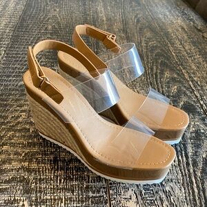 Transparent Strap Tan Wedge Heels